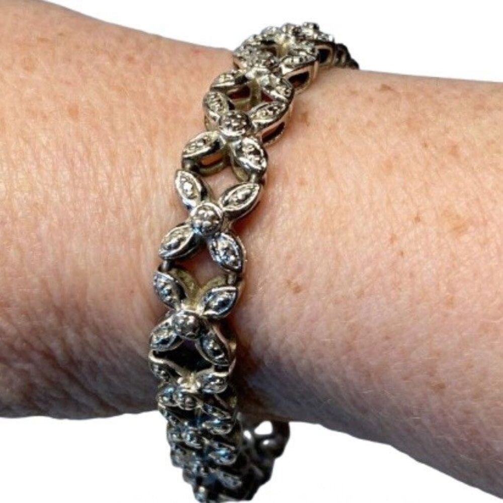 Heavy Sterling Silver Floral Link Bracelet 21g Diamond Chips Y2K Vtg 7"